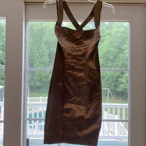 Gold/copper midi dress with a back zipper.